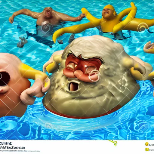 Prompt: photo, ugly old fat men and monsters fighting 5 3 8 2 8 inside a swimming pool, highly detailed, scary, volumetric lighting