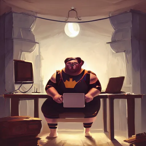 Image similar to a insanely detailed painting of a slightly overweight man wearing a homemade superhero costumed, sitting at a computer desk, nervously and clicking on the mouse, in the style of peter mohrbacher, dramatic lighting and composition, trending on artstation, concept art, comic book, graphic novel