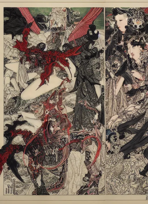 Image similar to battle between good and evil , battle between angels and demons, by and Austin Osman Spare and Takato Yamamoto and Yoshitaka Amano, high resolution, ultra detailed