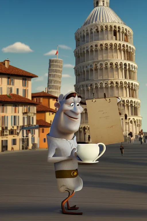 Prompt: portrait of pisa tower holding a white tea cup italy in background, full body. pixar disney 4 k 3 d render funny animation movie oscar winning trending on artstation and behance, ratatouille style