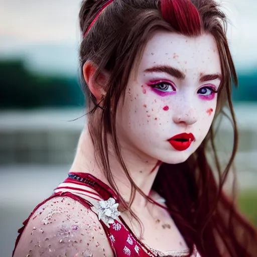 Prompt: close up half face portrait photograph of a live action anime princess with stars in her irises, deep red lipstick and freckles. Wavy long hair. she looks directly at the camera. Slightly open mouth, face covers half of the frame, with a building visible in the background. 135mm nikon. Intricate. Very detailed 8k. Sharp. Cinematic post-processing. Award winning portrait photography