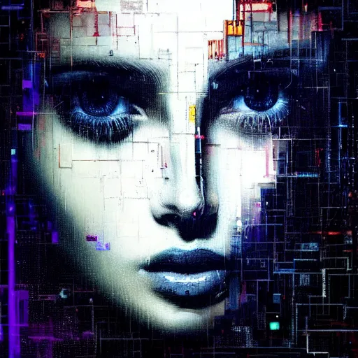 Prompt: hyperrealistic portrait of a young women with crystal eyes, shining eyes, by Guy Denning, by Johannes Itten, by Russ Mills, glitch art, hacking effects, digital tech effects, cyberpunk, color blocking!, oil on canvas, intricate detail, concept art, abstract, detailed lines, clean, polished, symmetrical, octane, cgsociety, 8k, trending on artstation