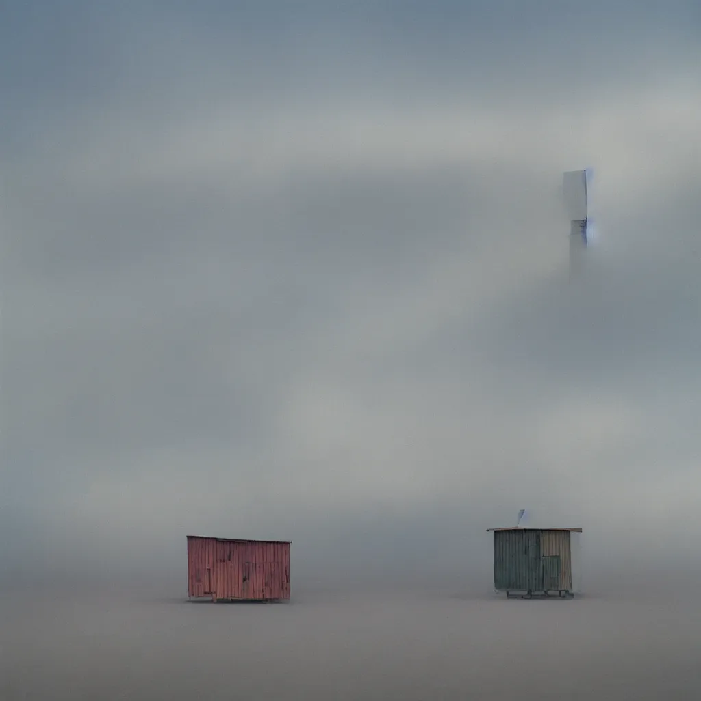 Image similar to vertically stacked makeshift squatter shacks with pastel colours, plain uniform sky at the back, misty, mamiya, ultra sharp, very detailed, photographed by alejandro jodorowsky