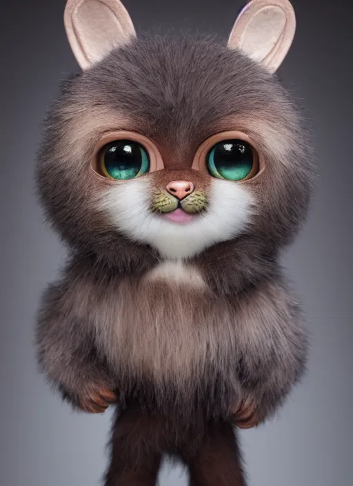 Prompt: cute fur animal as a doll, artdoll, big eyes, portrait by greg hildebrandt, studio lighting, muted colors, by terry richardson, handmade, by beeple, ultrarelistic, extreme detail, reflections, trending on artstation, 8 k