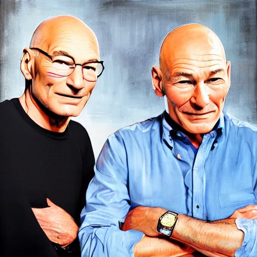 Image similar to patrick stewart and john delancey hosting a podcast, intricate, highly detailed, digital painting, by adam paquette and adolf hiremy - hirschl