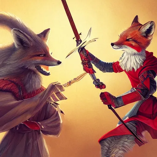 Image similar to anthropomorphic fox wielding a rapier and dagger, 17th century dutch attire, D&D, fantasy, portrait, highly detailed, digital painting, artstation, concept art, sharp focus, illustration, art by artgerm and greg rutkowski and magali villeneuve, red blue and gold color scheme