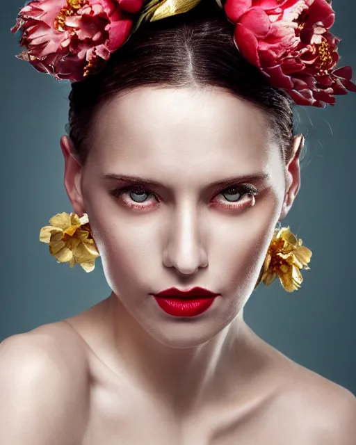 Prompt: portrait of a european woman, closeup, she's on ice, skin shining like a diamond high sharpness, zeiss lens, fashion photo shoot, peony flowers, red hair, red lipstick, against a background of gold, rhinestones on their face, Edward Buba, Annie Leibovitz, Paolo Roversi, David Lazar, Jimmy Nelsson, Eiko Hosoe, artistic, hyper-realistic, beautiful face, octane rendering