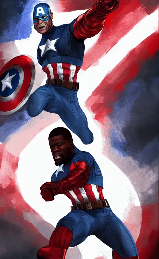 Image similar to kevin hart as captain america, dynamic lighting, photorealistic fantasy concept art, trending on art station, stunning visuals, creative, cinematic, ultra detailed