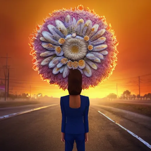 Image similar to giant daisy flower head, frontal, girl in a suit standing on street, surreal photography, sunrise, dramatic light, impressionist painting, digital painting, artstation, simon stalenhag