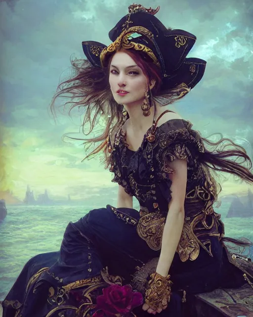 Image similar to a beautiful close up portrait of a pirate sitting with elegant looks, leather clothing, ornate costume and flowing magic all around, intricate and soft by ruan jia, tom bagshaw, alphonse mucha, krenz cushart, beautiful pirate ruins in the background, epic sky, vray render, artstation, deviantart, pinterest, 5 0 0 px models