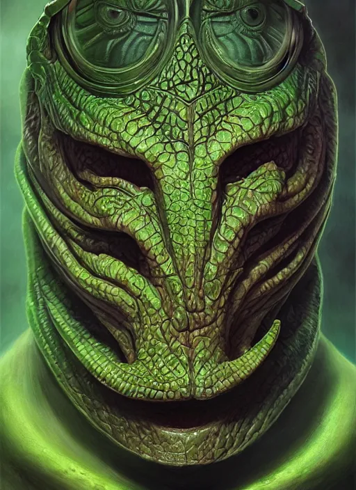 Image similar to duncan trussell mf doom reptile eyes, green skin. intricate, elegant, highly detailed, centered, digital painting, artstation, concept art, smooth, sharp focus, illustration, artgerm, tomasz alen kopera, peter mohrbacher, donato giancola, joseph christian leyendecker, wlop, frank frazetta