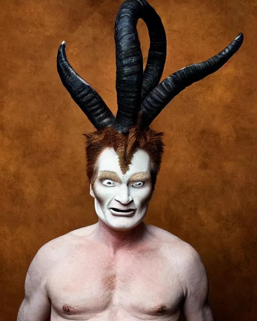 Image similar to actor Conan O’Brien in Elaborate Pan Satyr Goat Man Makeup and prosthetics designed by Rick Baker, Hyperreal, photos in the style of Annie Leibovitz