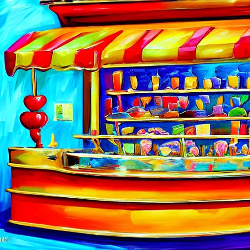 Image similar to a colorful fanciful ice cream parlor counter, by lenoid afremov