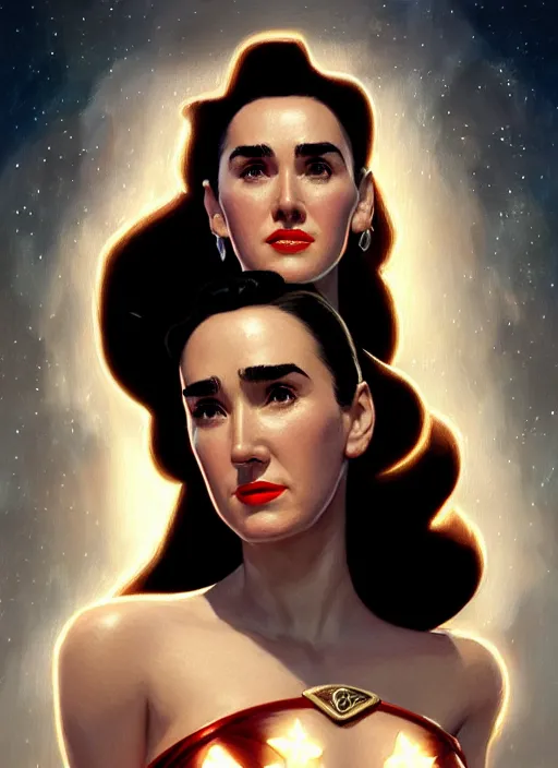 Image similar to portrait of 1 9 5 0 s darna, jennifer connelly, intricate, elegant, glowing lights, highly detailed, digital painting, artstation, glamor pose, concept art, smooth, sharp focus, illustration, art by wlop, mars ravelo and greg rutkowski