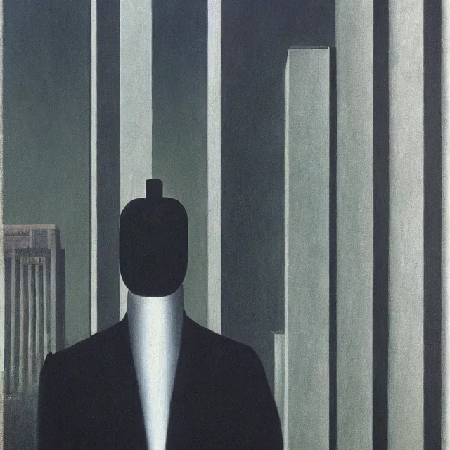 Prompt: blade runner dystopia by rene magritte, in the style of magritte