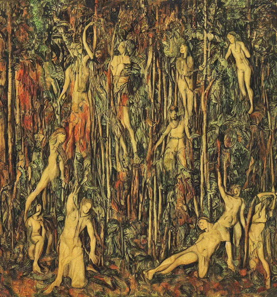 Image similar to four warrior angels lost in a forest painted by akseli gallen and ernst fuchs