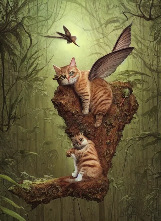 Prompt: a hyper realistic illustrated cat with playing with a hummingbird on its paw in the woods gorgeous lighting, lush forest foliage painting by chiara bautista and beksinski and norman rockwell and greg rutkowski weta studio, and lucasfilm