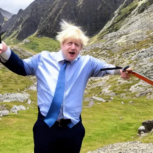 Image similar to Boris Johnson holding a sword standing on top of a mountain