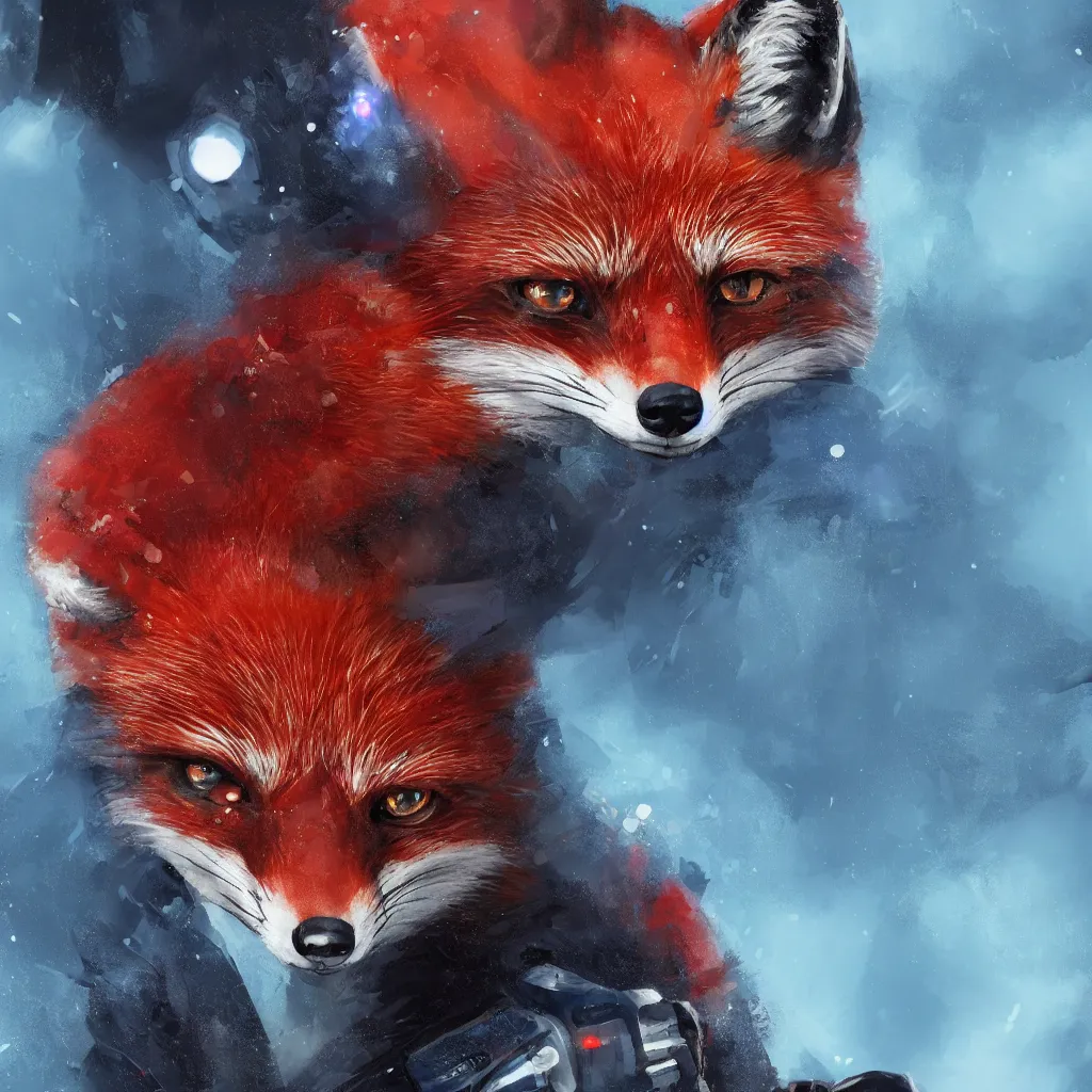 Prompt: a close-up profile shot of a red fox in a blue hoodie on the white background holding a notebook in one paw and typing with another paw, a hacker group badge on the hoodie sleeve, stroke painting, cyberpunk style, digital art picture, highly detailed, artstation