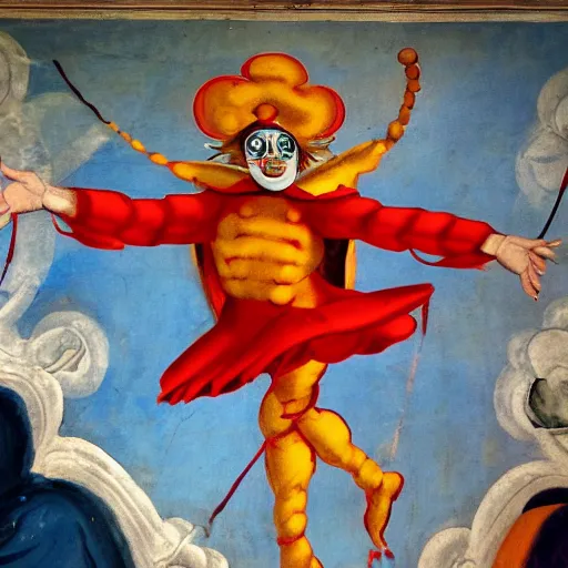 Image similar to An archangel dressed as a clown hovers in the sky, Sistine Chapel fresco art style. 8k