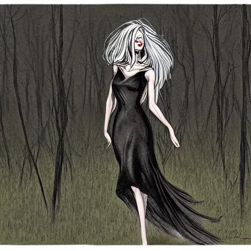 Prompt: tall slender woman with long grey hair in a black dress walking out of a swamp, concept art, high resolution, high quality, highly detailed, digitally painting, elaborate, by ec comics,