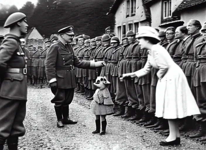 Image similar to ultra wide 1 9 4 6 blurry historical far away photo a german general surrendering to young queen elizabeth in a french village, her corgis are nearby highly detailed, sharp focus