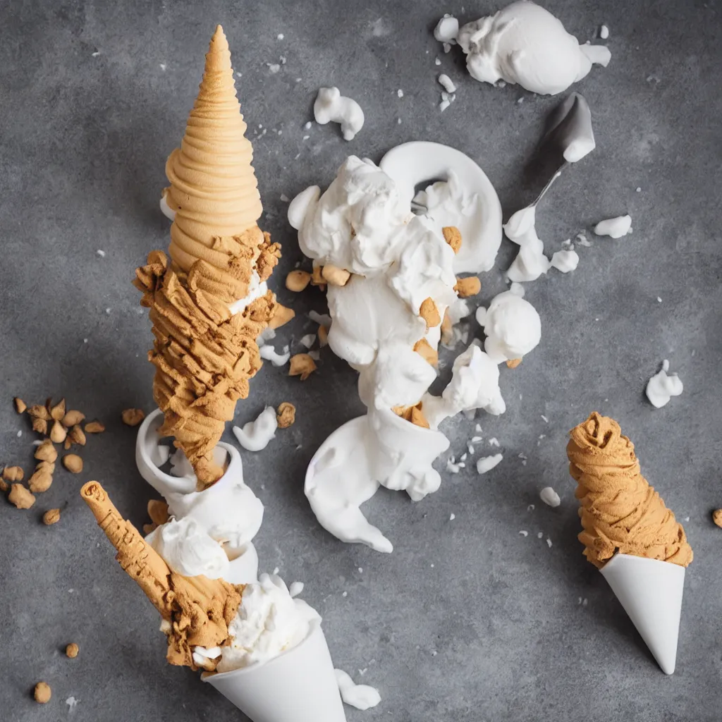 Prompt: soft serve ice cream cone in the form of Matterhorn, advertising product photography