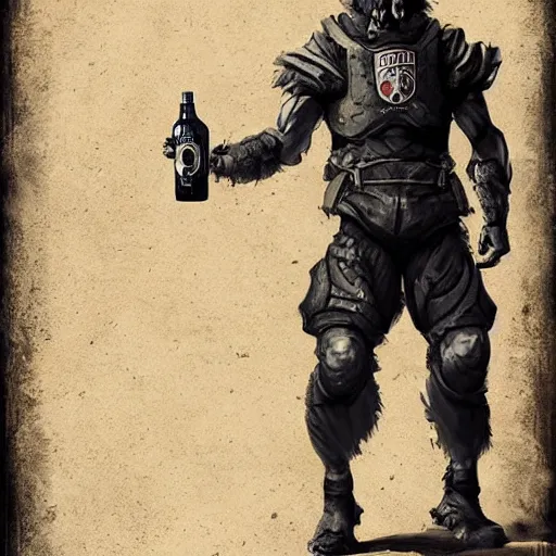 Image similar to a humanoid german shepherd beast - man in military style, holding a bottle of beer, artstation, concept art, smooth, sharp foccus ilustration, artstation