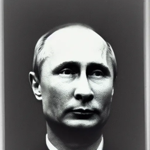 Image similar to vladimir putin, found in cave corner, polaroid black and white picture, 1 9 th century, scary horrifying