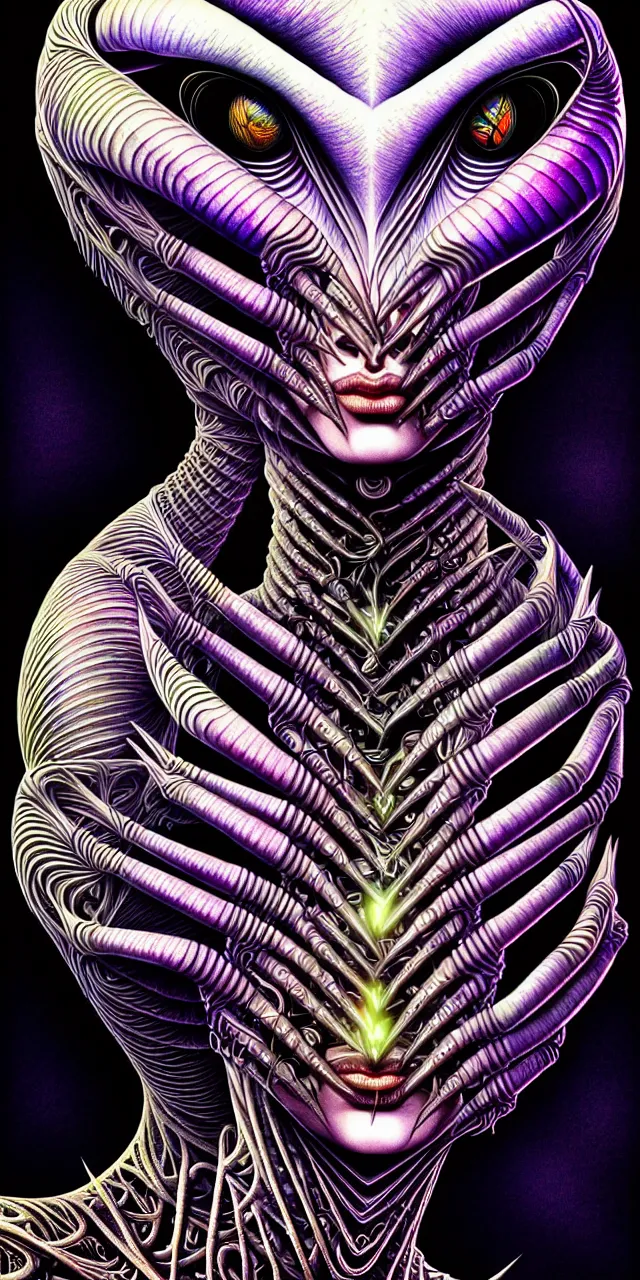 Image similar to android jones alex grey m. c. escher h. r. giger android jones alex grey mark cooper alien beauty alien cyborg machine goddess beauty alien machine deity artgerm artstation award winning photorealistic detailed hypervivid intense