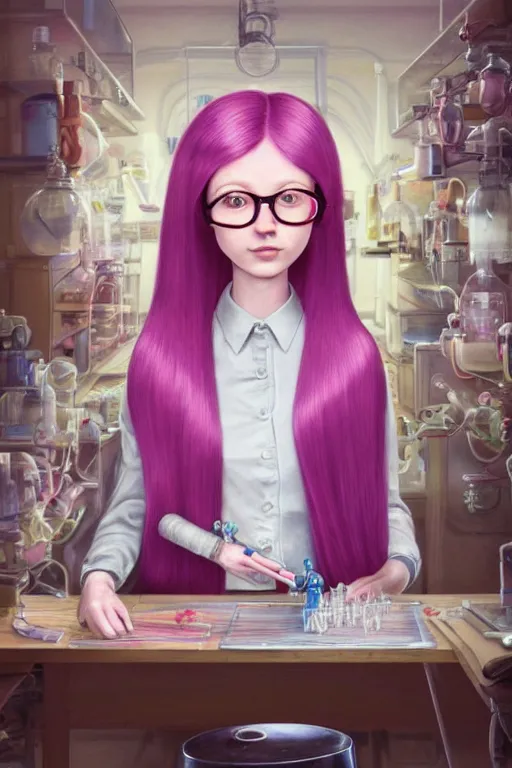 Prompt: highly detailed, industrial photography profile portrait of adult princess bubblegum from adventure time, beautiful, attractive, sensual, working in her science lab, wearing lab coat & glasses, long bubblegum hair with long straight bangs, illustration concept art by nicoletta ceccoli, mark ryden, lostfish, detailed and intricate environment, 8 k resolution, hyperrealistic, octane render