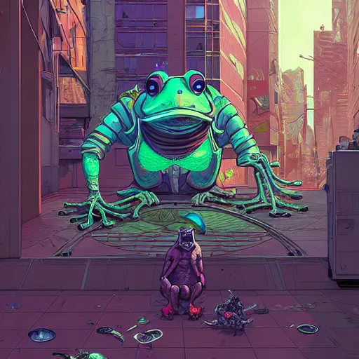 Image similar to A cyberpunk frog cyborg eats on the street of a cyberpunk city art by Josan Gonzalez, sci-fi, highly detailed, digital painting, artstation, smooth, sharp focus, illustration, concept art by Josan Gonzalez and James Gurney and Mœbius