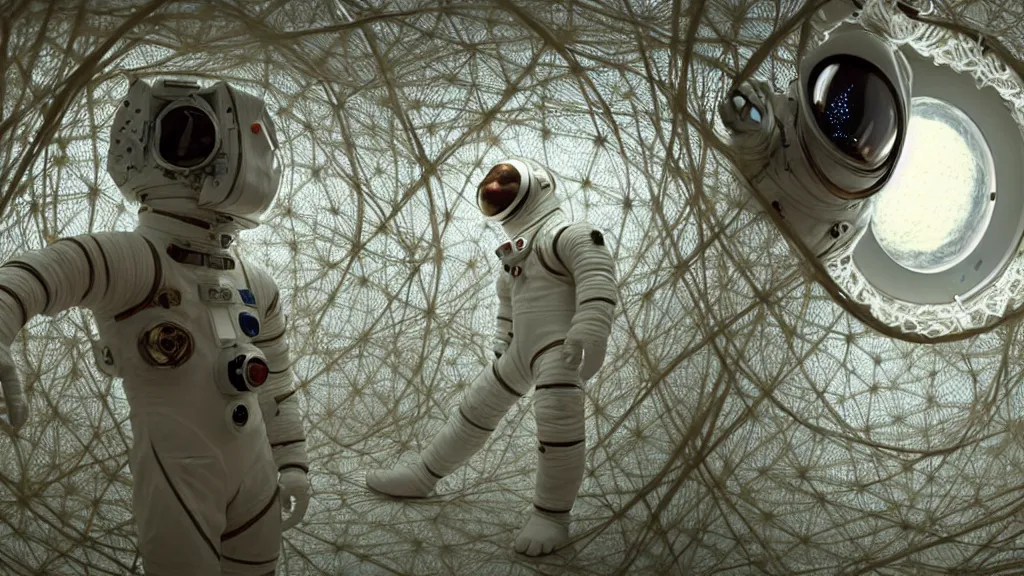 Image similar to a cybernetic symbiosis of a single astronaut eva suit made of wearing knitted yarn thread infected with diamond 3d fractal lace iridescent bubble 3d skin covered with insectoid compound eye camera lenses floats through the living room, film still from the movie directed by Denis Villeneuve with art direction by Salvador Dalí, wide lens,