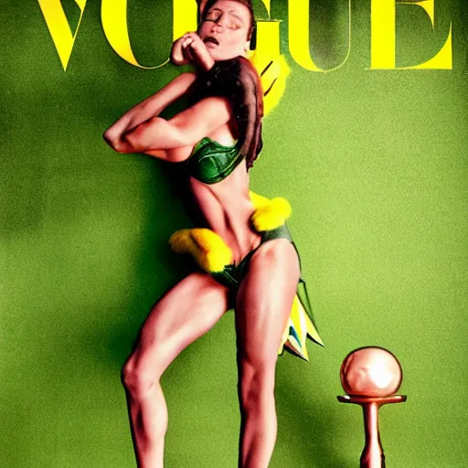 Prompt: dream muscular woman in a furry costune of Pikachu, performing burlesque, dark green background, photo by Annie Liebovitz for Vogue