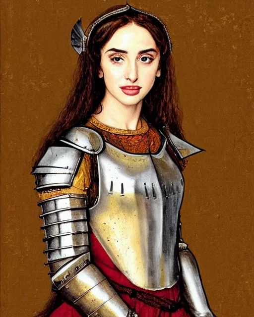 Image similar to medieval portrait of beautiful ana de armas dressed as an armored battle knight, in the style of eugene de blaas