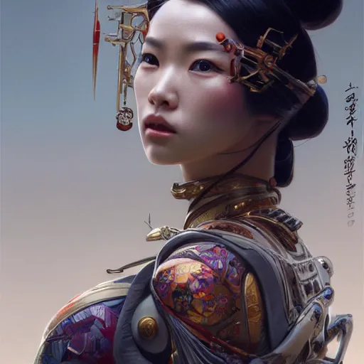 Prompt: portrait painting of an asian cyborg geisha, ultra realistic, concept art, intricate details, eerie, highly detailed, photorealistic, octane render, 8 k, unreal engine. art by artgerm and greg rutkowski and alphonse mucha