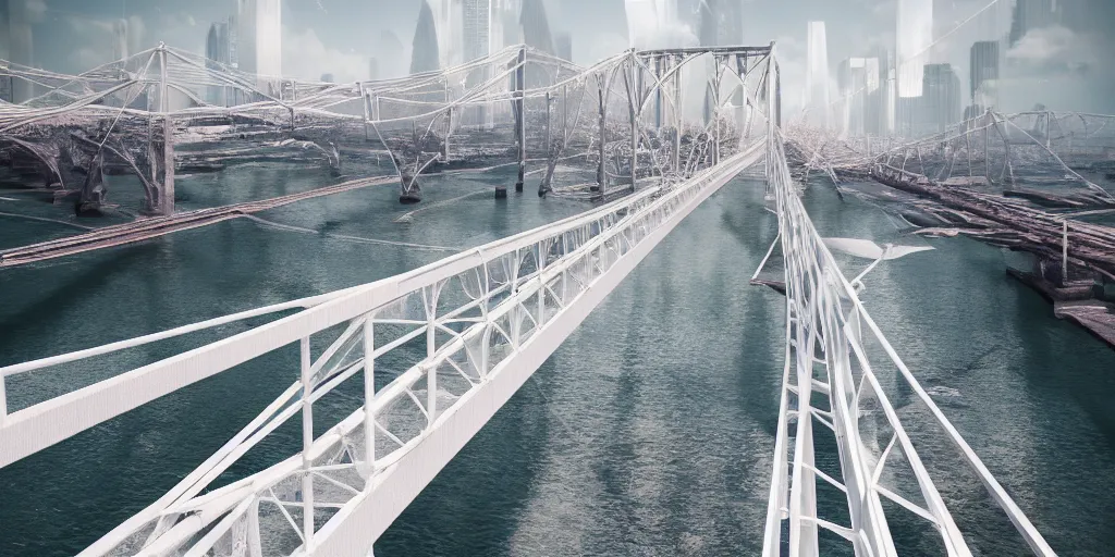 Image similar to explosions in the form of realistic white cotton plants on harbour bridge, huge white cotton everywhere on the destroyed harbour bridge, smooth, sharp focus, highly detailed, 3 d octane render, epic lighting, lots of white cotton, 8 k