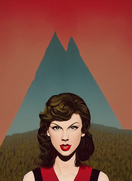 Image similar to Twin Peaks poster artwork by Michael Whelan and Tomer Hanuka, Karol Bak of portrait of Taylor Swift the local cheerleader, from scene from Twin Peaks, clean, simple illustration, nostalgic, domestic