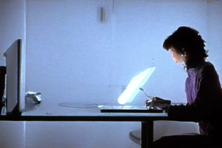 Prompt: alien using a computer to check her email submerged in translucent goo, over the shoulder perspective, in 1 9 8 5, y 2 k cybercore pinkcore, industrial low - light photography, still from a kiyoshi kurosawa movie