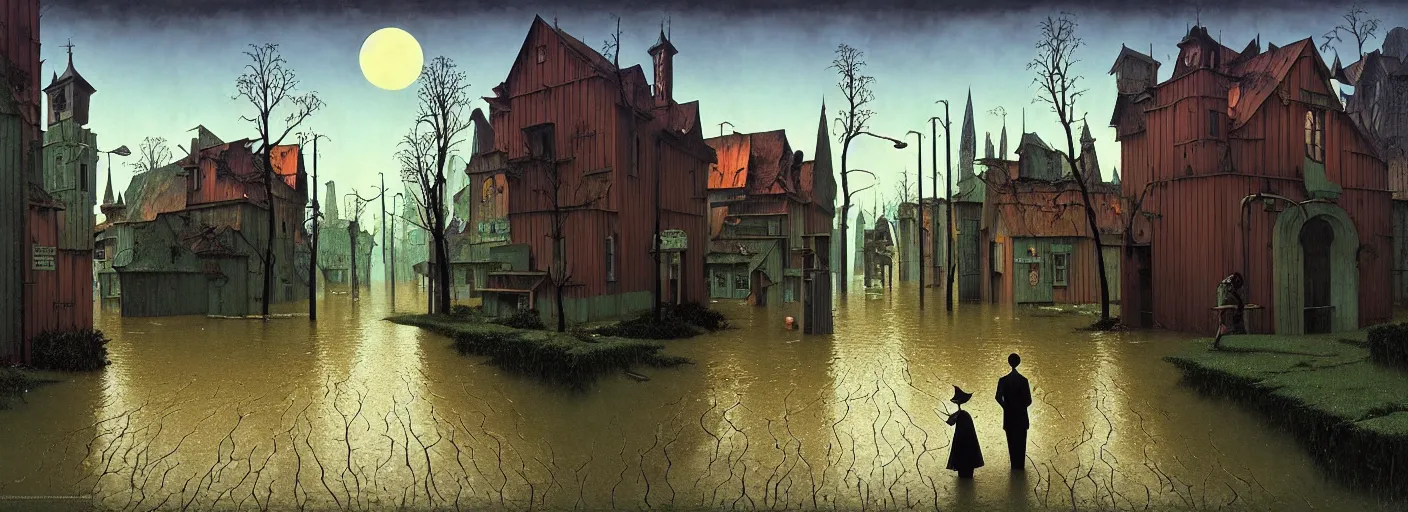 Image similar to flooded! old dark scary wooden empty cursed town street entrance, very coherent and colorful high contrast masterpiece by gediminas pranckevicius rene magritte norman rockwell franz sedlacek, full - length view, dark shadows, sunny day, hard lighting, reference sheet white background