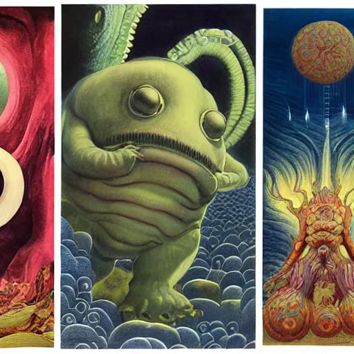 Image similar to a giant tardigrade kaiju retro japanese, monster slimy, oil painting, 7 0 s vintage art, by georgia o keeffe, by kay nielsen, by gustave dore, by frank frazetta, nausicaa, collage, by james gurney