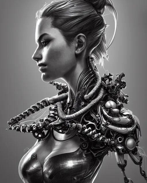 Image similar to portrait of stunning female biomechanical super soldier absurdly beautiful, gorgeous, elegant, an ultrafine hyperdetailed illustration by kim jung gi, irakli nadar, artgerm, intricate linework, octopath traveler, final fantasy, unreal engine 5 highly rendered, global illumination, radiant light