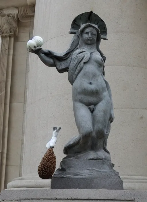 Image similar to A marble statue of a squirrel holding an acorn in the style of Statue of Liberty. museum photo