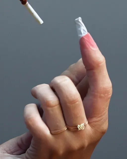 Prompt: you can see in the picture, acurate, real human female hand, holding a cigarette, from the elbow, up to the elbow , hand, elegant, only five fingers, separated from each other, elegant, neat nails, realism, 8k,