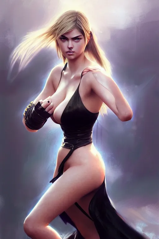 Prompt: Tekken 4 fighter anime Stunning Portrait Kate Upton with long black dress by Greg Rutkowski, blonde long hair, in a fighting stance, digital painting, artstation, concept art, soft light, hdri, smooth, sharp focus, illustration, art by tian zi, craig mullins, Mark Arian, WLOP, alphonse mucha