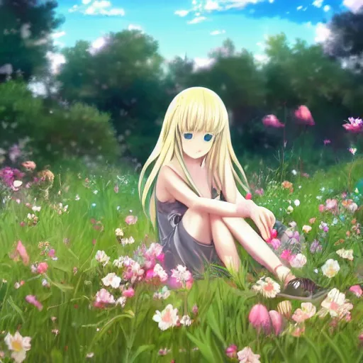 Image similar to beautiful anime transgender blonde girl sitting in a field full of flowers, highly detailed, realistic, dynamic lighting, cinematic, masterpiece, trending on artstation,-W 768