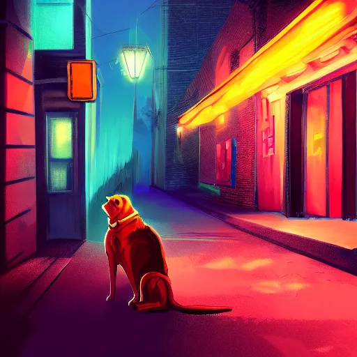 Image similar to stray dog sits alone in a dark alleyway at night with neon city lights glowing in the distance, 4 k, digital painting, photorealism, lighting study