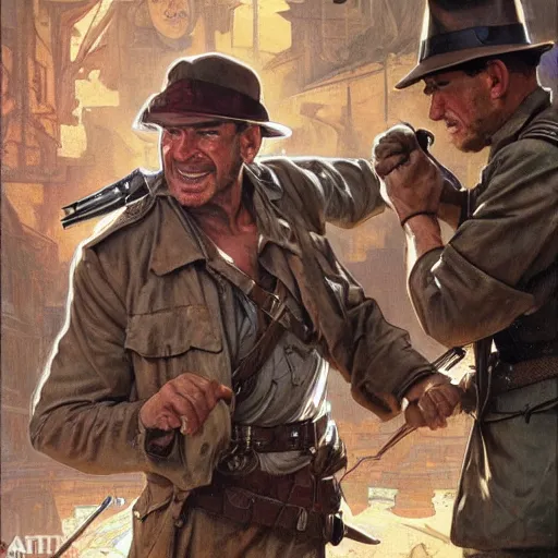 Prompt: indiana jones punching a wwii german soldier, intricate, epic, highly detailed, digital painting, artstation, concept art, sharp focus, cinematic lighting, illustration, art by artgerm and greg rutkowski, alphonse mucha, cgsociety,