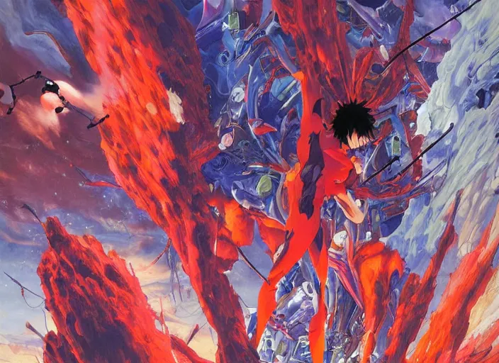 Image similar to third impact evangelion painting by james jean and katsuhiro otomo and erik jones, inspired by akira anime, smooth texture, intricate oil painting, high detail illustration, sharp high detail, long exposure