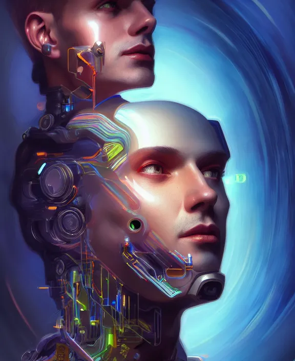 Image similar to a whirlwind inside the metaverse, guy, male, man, hologram, half body, neurochip, android, cyborg, cyberpunk face, by loish, d & d, fantasy, intricate, elegant, highly detailed, colorful, digital painting, artstation, concept art, art by artgerm and greg rutkowski and alphonse mucha